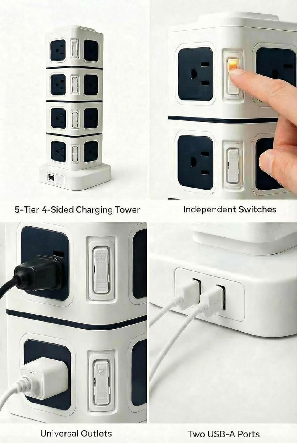 22-in-1 Power Strip Tower Surge Protector, 5-Tier Charging Station with 20 AC Outlets & 2 USB Ports, 9FT Heavy Duty Extension Cord, Independent Switches for Each Layer