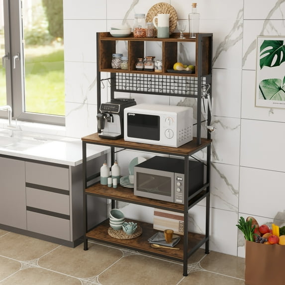 Zimtown 5 Tiers Bakers Rack Industrial Kitchen Island Microwave Oven Cart Coffee Bar Stand with Storage Shelves & 10 S-Hooks, Rustic Brown Finish