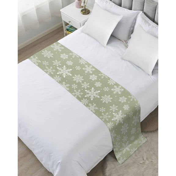 Xipuska Sage Green Snowflake Christmas Bed Runners for Cal King Size Bed, Decorative Bed Throws for Foot of Bed, Winter Xmas Snowflakes Bed Runner Sofa Throw Bedding Scarf Slipcover for Bedroom