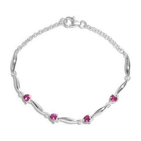 Sterling Silver Ruby Bracelet (925 Sterling Silver Ruby Love Heart Station Valentines Bracelet for Women Jewelry Gift 7.25