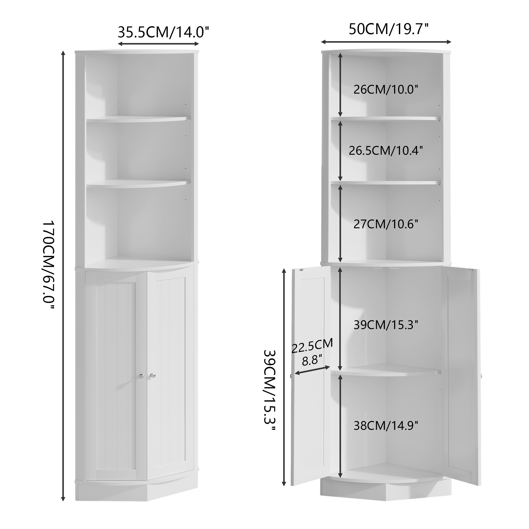 Tall Corner Cabinet 67-Inch with 2 Doors and Adjustable Shelves, Narrow Freestanding Storage Organizer for Bathroom and Living Room, White
