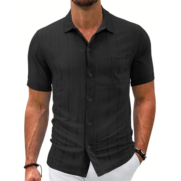 pstuiky camisetas para hombre, Estilo Hombre Color Sólido Casual Ventilado Botones Sueltos Solapa Bolsillos Manga Corta camisetas de hombre l
