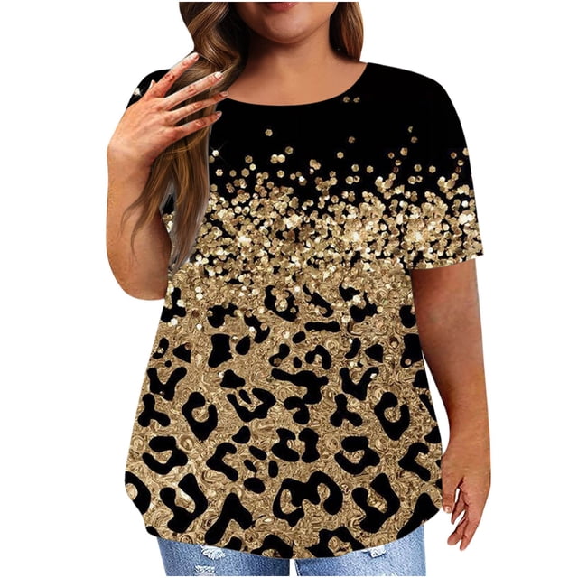 Staron Chemises Grande Taille pour Femmes Tunique à Paillettes Imprimé Léopard Col Rond Manches Courtes Blouse Décontractée Habillée