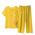 thumbnail image 2 of UVEASISHA Lounge Set for Women 2 Piece Plus Size Cotton Linen Loungewear Short Sleeve Floral Tops amd Capri Pants Matching Summer Outfits Yellow XXL, 2 of 5