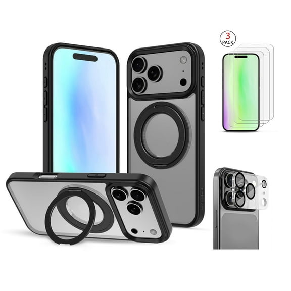 3-in-1 iPhone 17 Pro Max Protection Bundle – 3-Pack Tempered Glass Screen Protectors, Camera Lens Protector & 360° Ring Stand Case