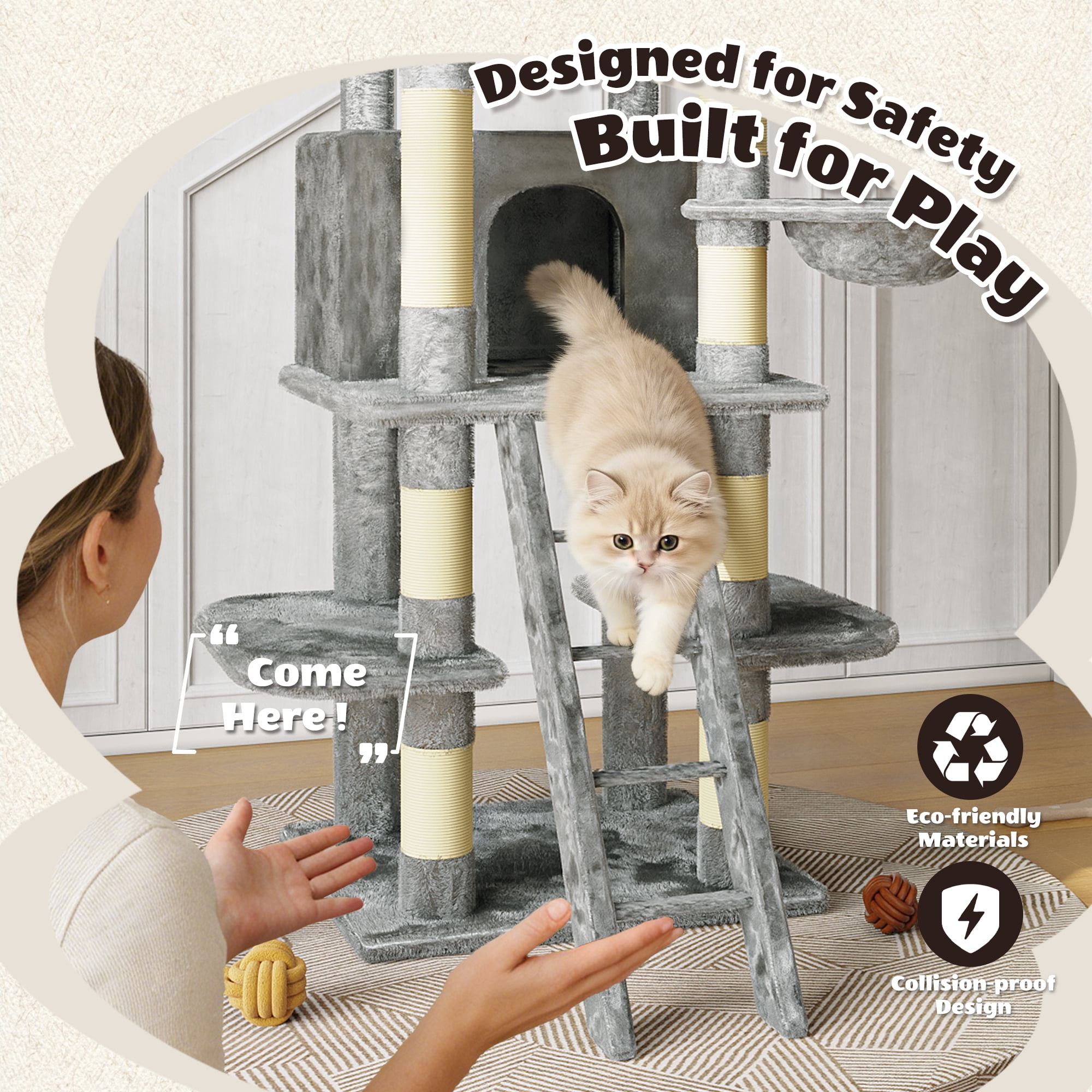 Multi-Level Cat Tree, 2 Condos, 3 Perches & Hanging Hammock, Natural Sisal Scratching Posts, Short Plush, Stable Structure for Kittens to Senior Cats & Multi-Cat Homes