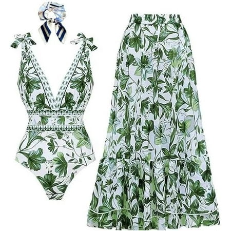 Vevri Swimsuit Matching Skirt V-Neck One Piece Set  Waisted Bikini Print Sexy Beach Cover Up