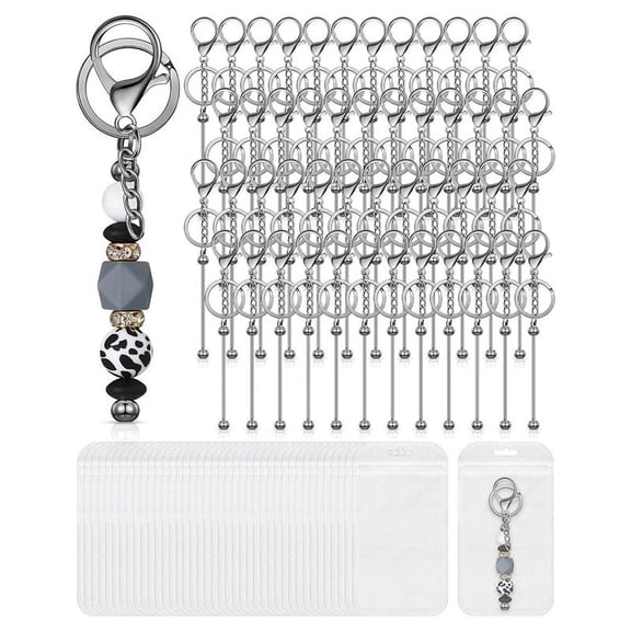 Set of 48 Beaded Keychains DIY Blank Metal Beaded Keychains with Resealable Bags for DIY Pendant Projects Silver