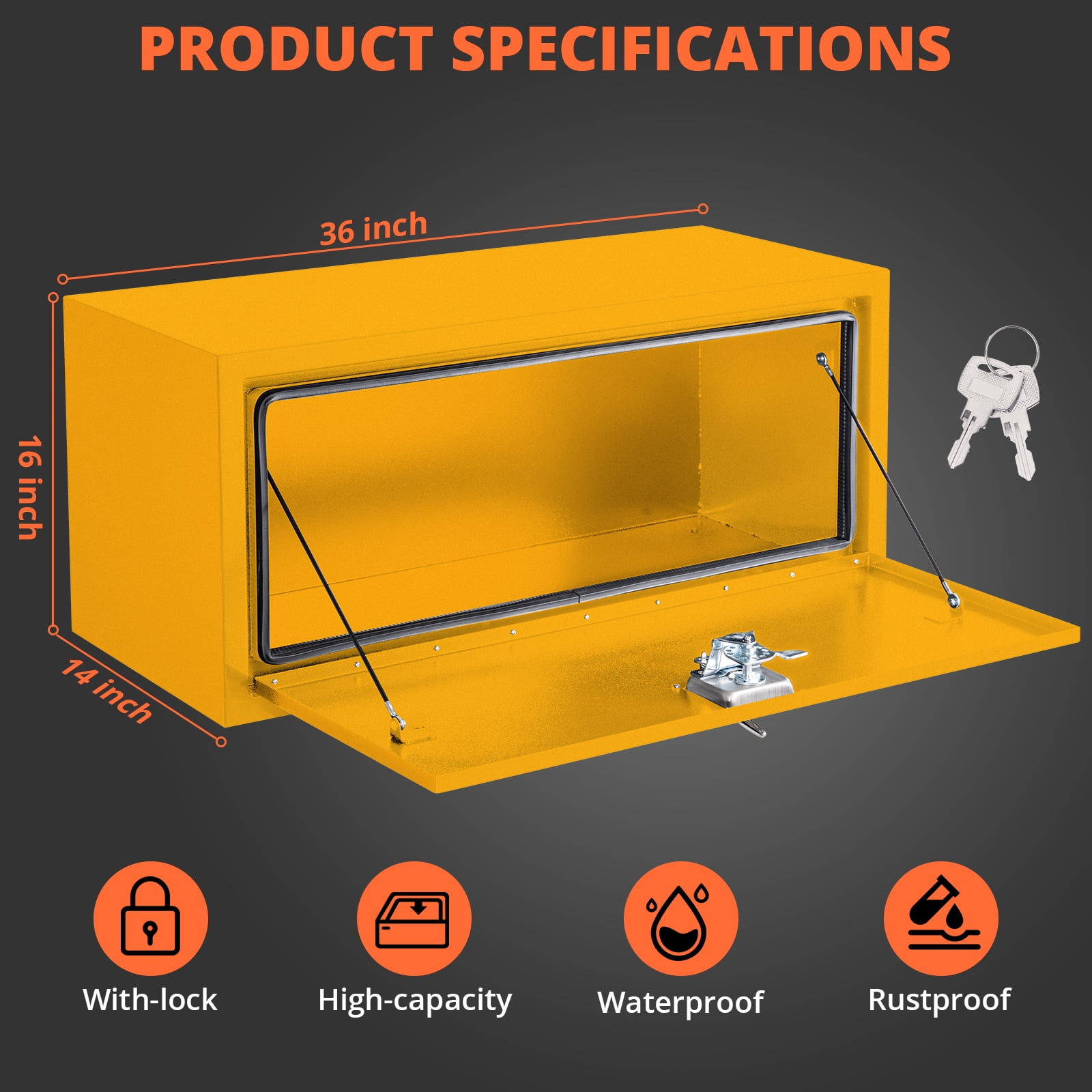 36x14x16 Inch Steel Lockable Waterproof Heavy-Duty Underbody Truck Tool Box for Tools, Under Truck Mounted Space-Saving Design, Yellow