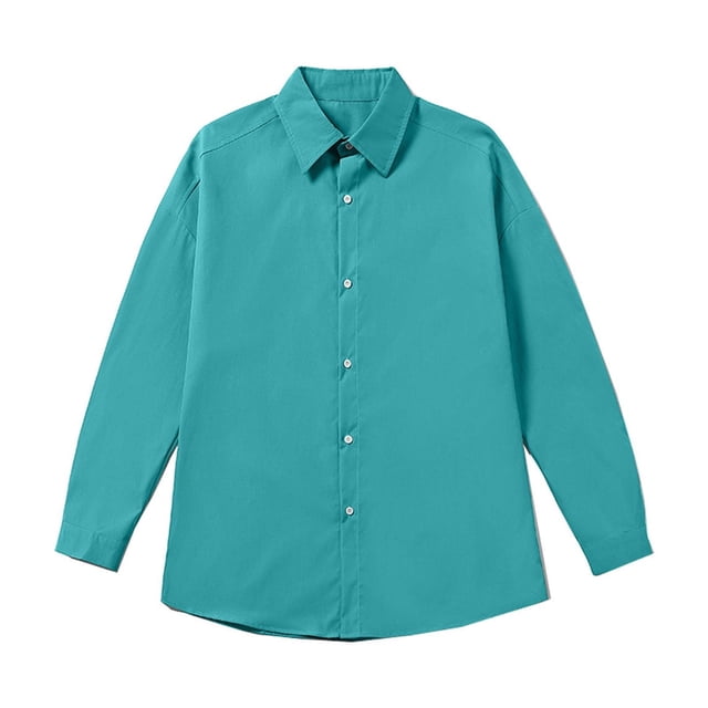 Funicet Man Solid Color Long Sleeve Shirt Workwear Button Lapel Blouse