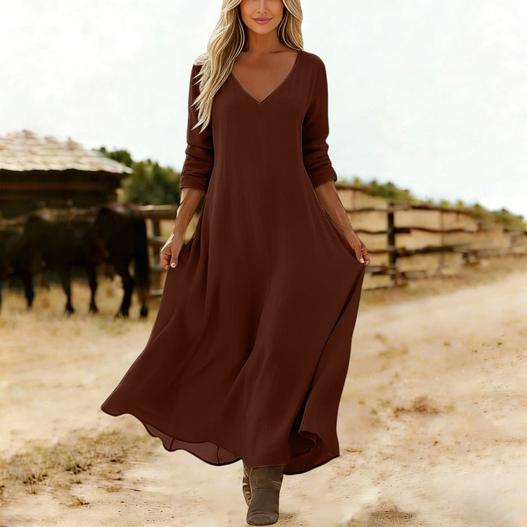 coffee brown color dress /// Womens Coffee Brown Solid Color Casual Round Neck Sleeveless Loose A-Line Maxi Dress, Women's, Size: XL