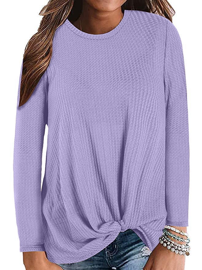 Women's Waffle Knit/Cotton Blend Twist Knot Pullover Tops Loose Fitting