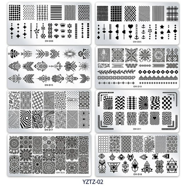 8-Piece Stainless Steel Nail Stamping Plates Kit with Clear Stamper & Scraper - DIY Manicure Tools for Beginners & Pros, Precise Carving, Easy Nail Art Design Transfer, YZTZ-02, Silver/Transparent,
