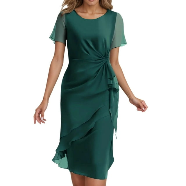 Robe Femme Élégante Col Rond en Chiffon Robe de Soirée pour Mariage Vacances Rendez-Vous Soirée Printemps Été Décontractée Formelle Occasion Robe à Paillettes pour Femmes Robe Aguichant Robe de Soirée pour Femmes Élégante et Torsadée