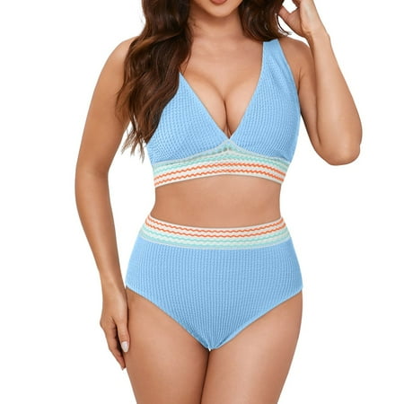 Gibobby Bikini Sets for Women V Neck Sexy Printed Two Piece Swimsuit High Waisted Floral Thong Bathing Suit(Blue M)