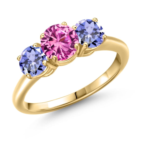 Gem Stone King 18K Yellow Gold Plated Silver Pink Created Sapphire and Blue Tanzanite Engagement Ring for Women | 1.92 Cttw | Round 6MM | Gemstone September Birthstone | Size 9
