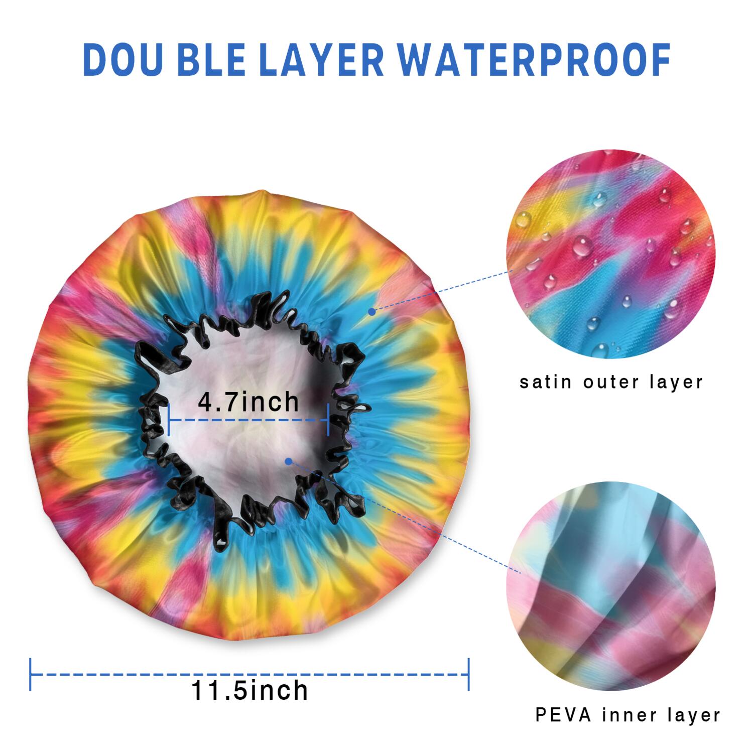 Shower Caps,Colorful Tie Dye Mandala Pattern Waterproof Shower Cap for Women 4 Pieces,Double Reusable Hair Cover for Shower PEVA Elastic Stretch Hem