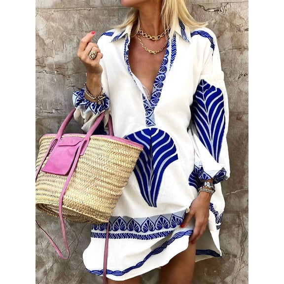 OYYN Shirt Dress, V-Neck Long Sleeve Striped Casual Midi Dress for Women