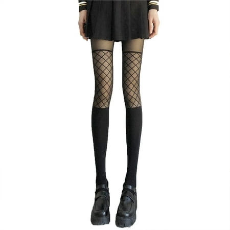 

GENEMA Women Dark Goth Black Sheer Pantyhose Japanese Style Mesh Grid Fishnet Print Stitching Jacquard Tattoo Tights Fake Thigh High Stockings Clubwear