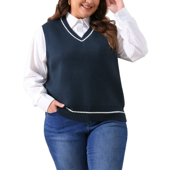 Chaleco de suéter sin mangas de punto de cable a rayas de cuello en V para mujeres Agnes Orinda talla grande 3X azul marino