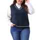 thumbnail image 1 of Chaleco de suéter sin mangas de punto de cable a rayas de cuello en V para mujeres Agnes Orinda talla grande 3X azul marino, 1 of 5