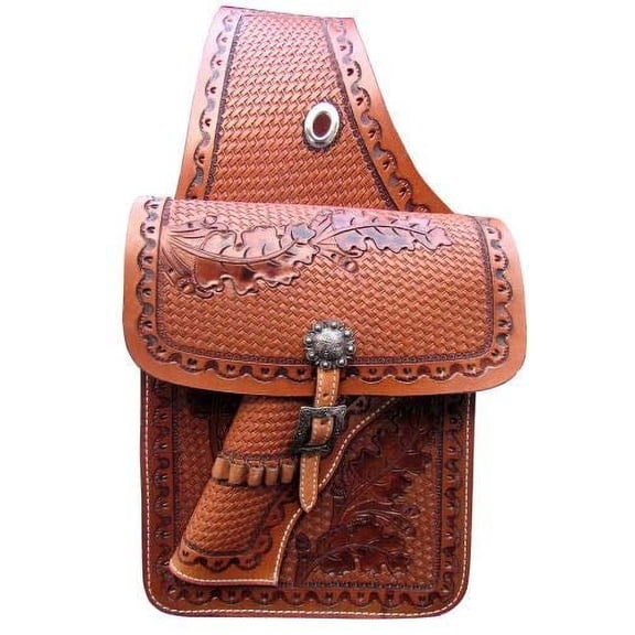 Showman Basket Weave & Leaf Tooled Leather Saddle Bag w/ 22 Caliber Gun Holster