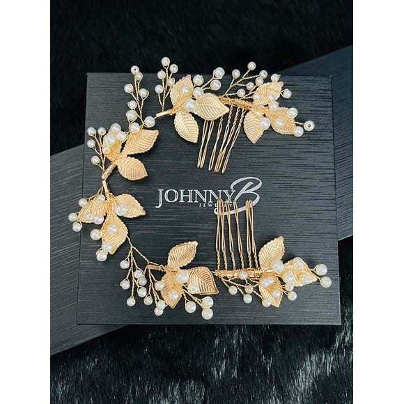FREYA - Feuilles Dorées avec Vaporisateurs de Perles Peignes à Cheveux Doubles en Or