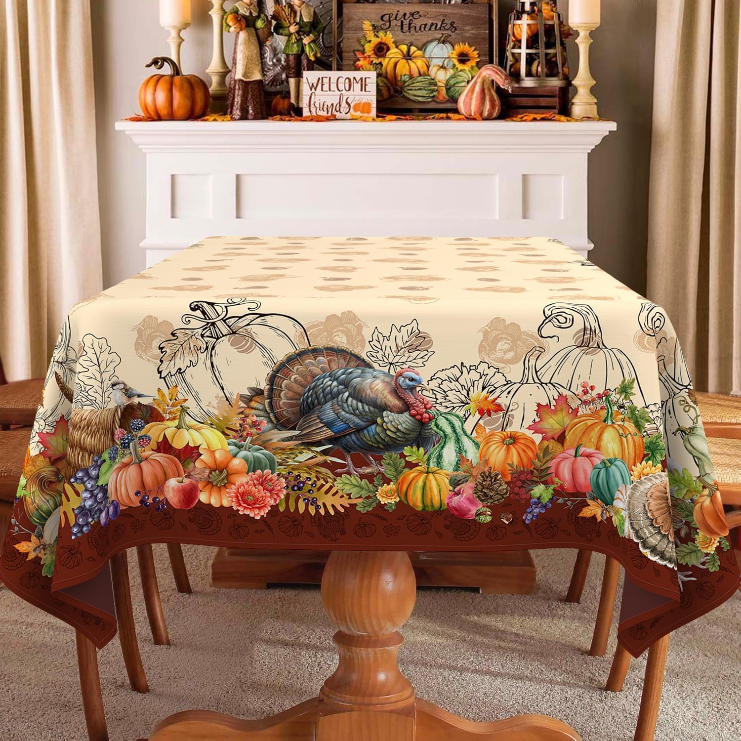 Nappe De Table Ronde Thème Automne GNOME - Motif Citrouille Récolte - Imperméable Antitache - 180x180 Cm - Décoration Thanksgiving