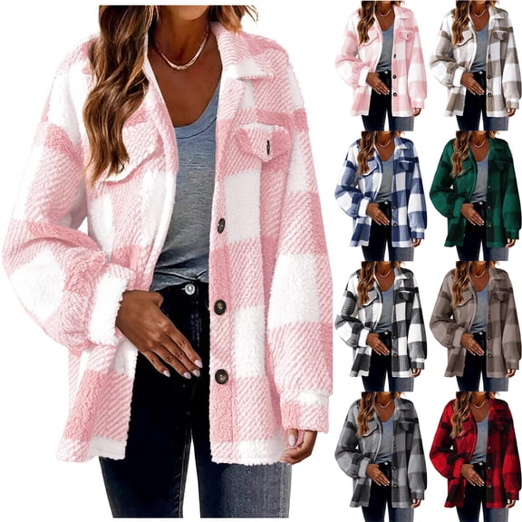 Womens Oversized Sherpa Plaid Shacket Lapel Button Front Long Sleeve Fuzzy Jacket Loose Buffalo Check Casual Fall Outer Coat Coffee L