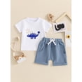 thumbnail image 4 of Aojekbee Toddler Boy Summer Outfit Dinosaur Embroidery Short Sleeve Tops with Elastic Waist Solid Color Shorts 2 Pcs Clothes, 4 of 10