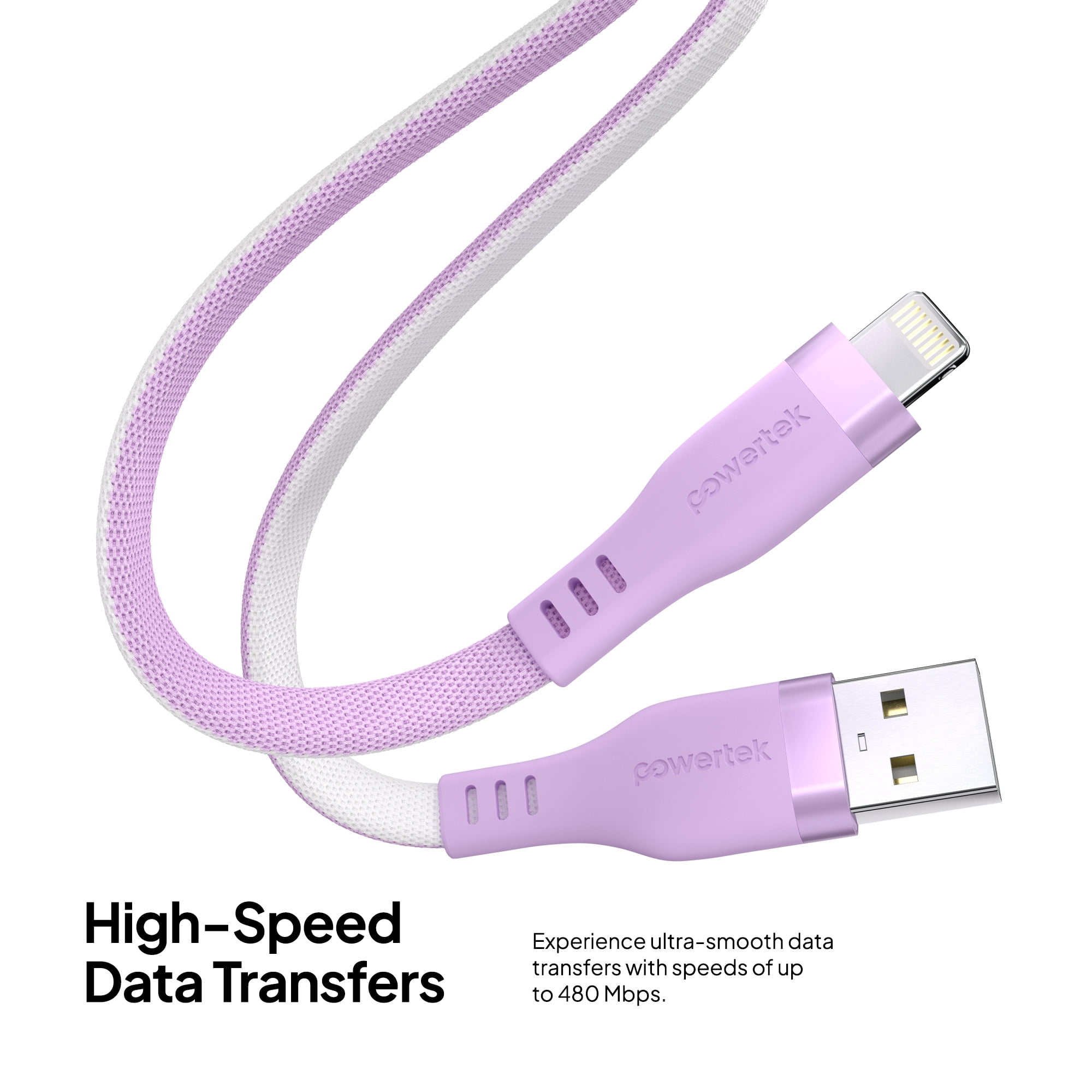 Powertek MFi USB-A to Lightning Two-Tone Pastel Fast Charge Cable, 6 ft, Purple