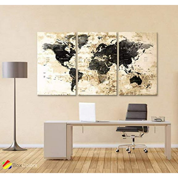 Original by BoxColors LARGE 30"x 60" 3 panels 30x20 Ea Art Canvas Print Watercolor Black Beige Map World Push Pin Travel cities Wall home office decor (framed 1.5" depth) M1827