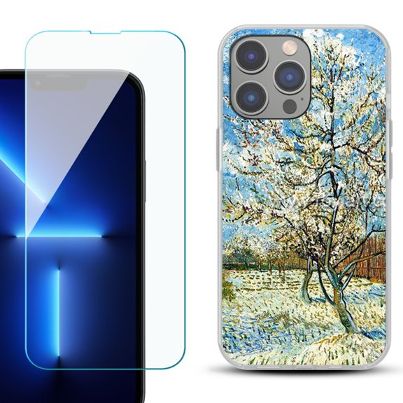 Slim-Fit Gel TPU Phone Case for iPhone 14 Pro Max, with Tempered Glass Screen Protector, by OneToughShield ® - Peach Tree Blossom