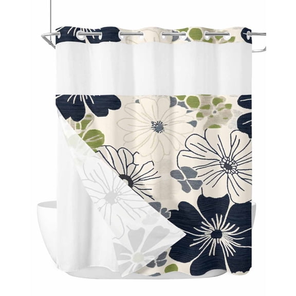 No Hook Shower Curtain with Snap in Liner Floral Shower Curtain -Fabric Waterproof Inner Liner, Vintage Flower Texture Beige Green Black Plant Botanical Shower Curtains Washable 72"x78"