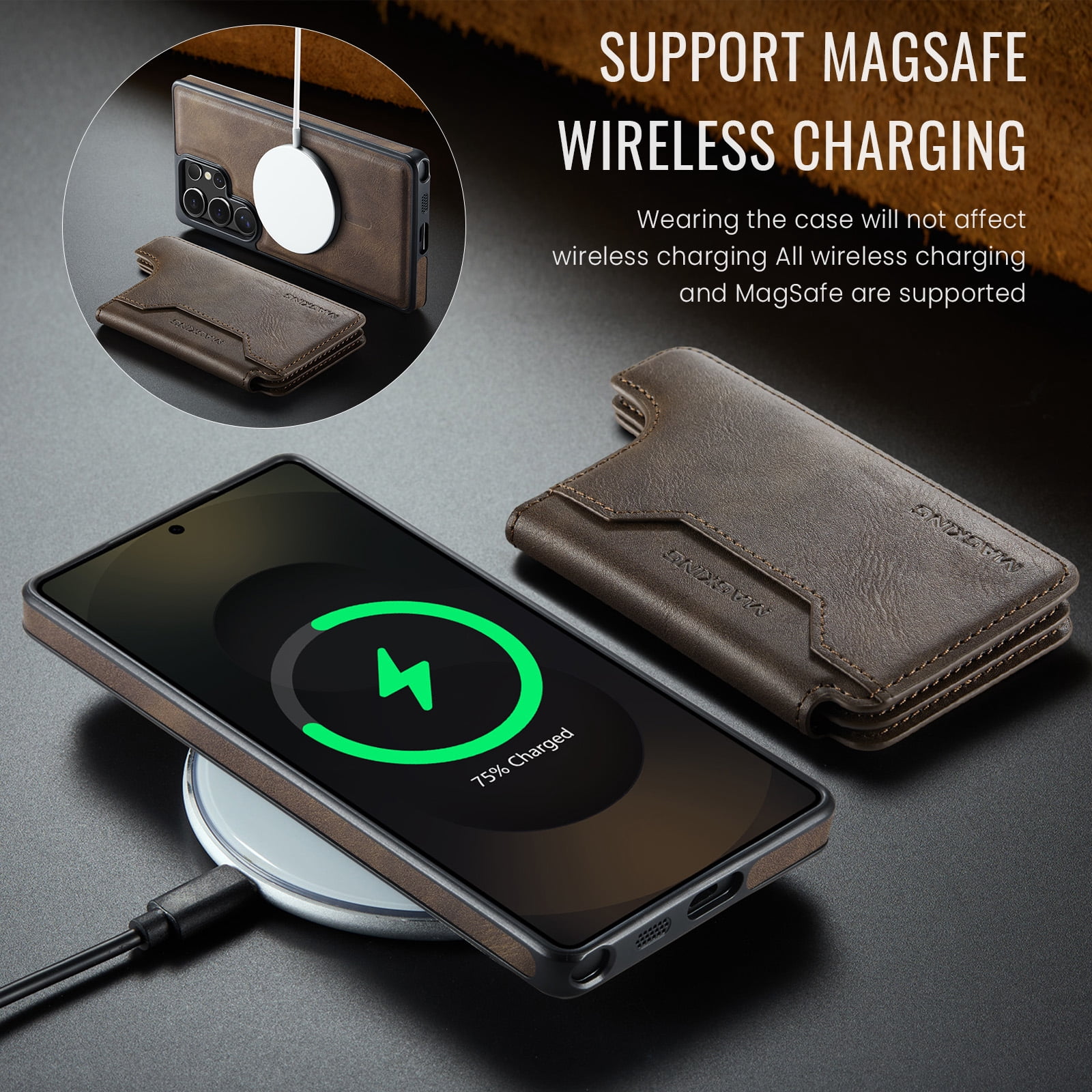 Designed for Samsung Galaxy S24 Ultra Wallet Phone Case,Magnetic Detachable Flip Card Holder,Back Flip Kickstand,Compatible with Mag-Safe,2-in-1 PU Leather Heavy Duty Shockproof Phone Case,Coffee
