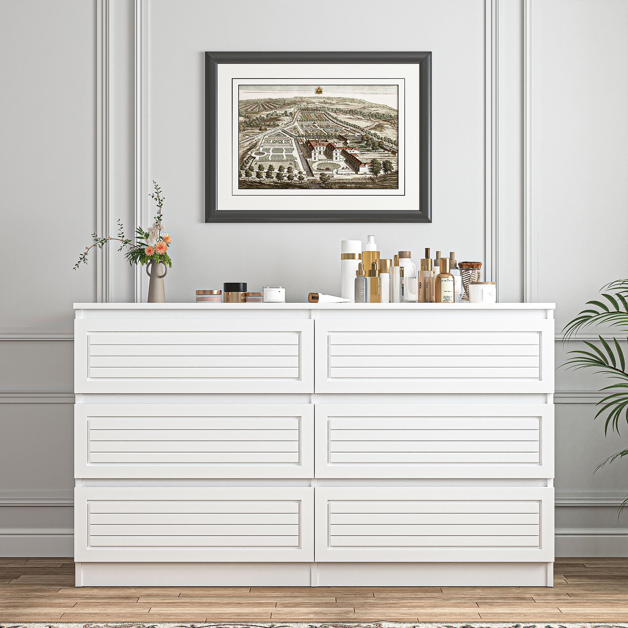 Demi Bonn 6-Drawer Double Dresser for Bedroom, 47" Chest of Drawers with Hidden Handle Wood Stripe Pattern Drawer Fronts, Modern Bedroom Furniture, White