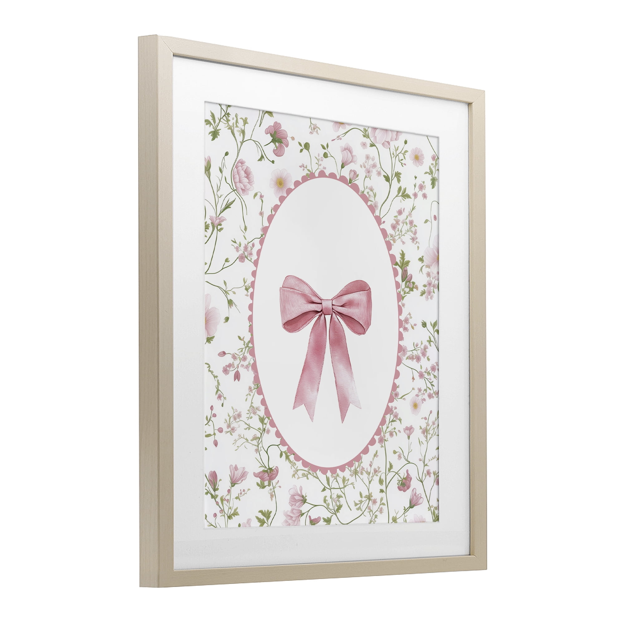 Delicate Florals & Bow Birch Framed Print Under Glass, design by Christine Simpson Art