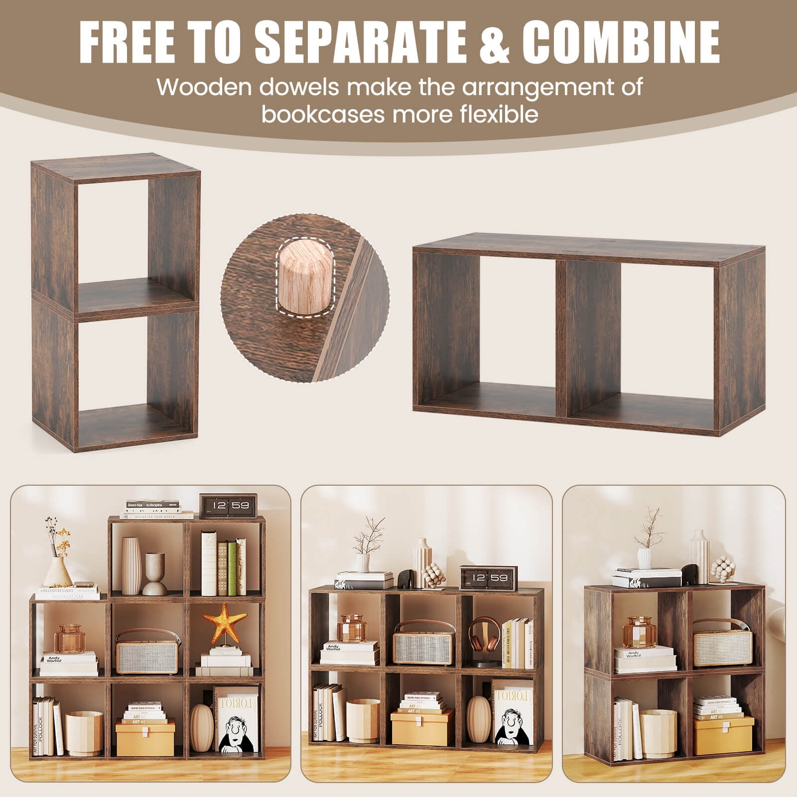 Costway 2 PCS Stackable Storage Cube Free-standing Storage Organizer Bookcase for Bedroom Brown