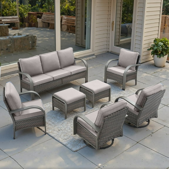 Unnifurnzi 7 Pieces Outdoor Furniture-High Back Patio Wicker Couch with Outdoor Swivel Chair Outdoor Patio Furniture for Deck Porch Garden Poolside Backyard-Brown/Gray