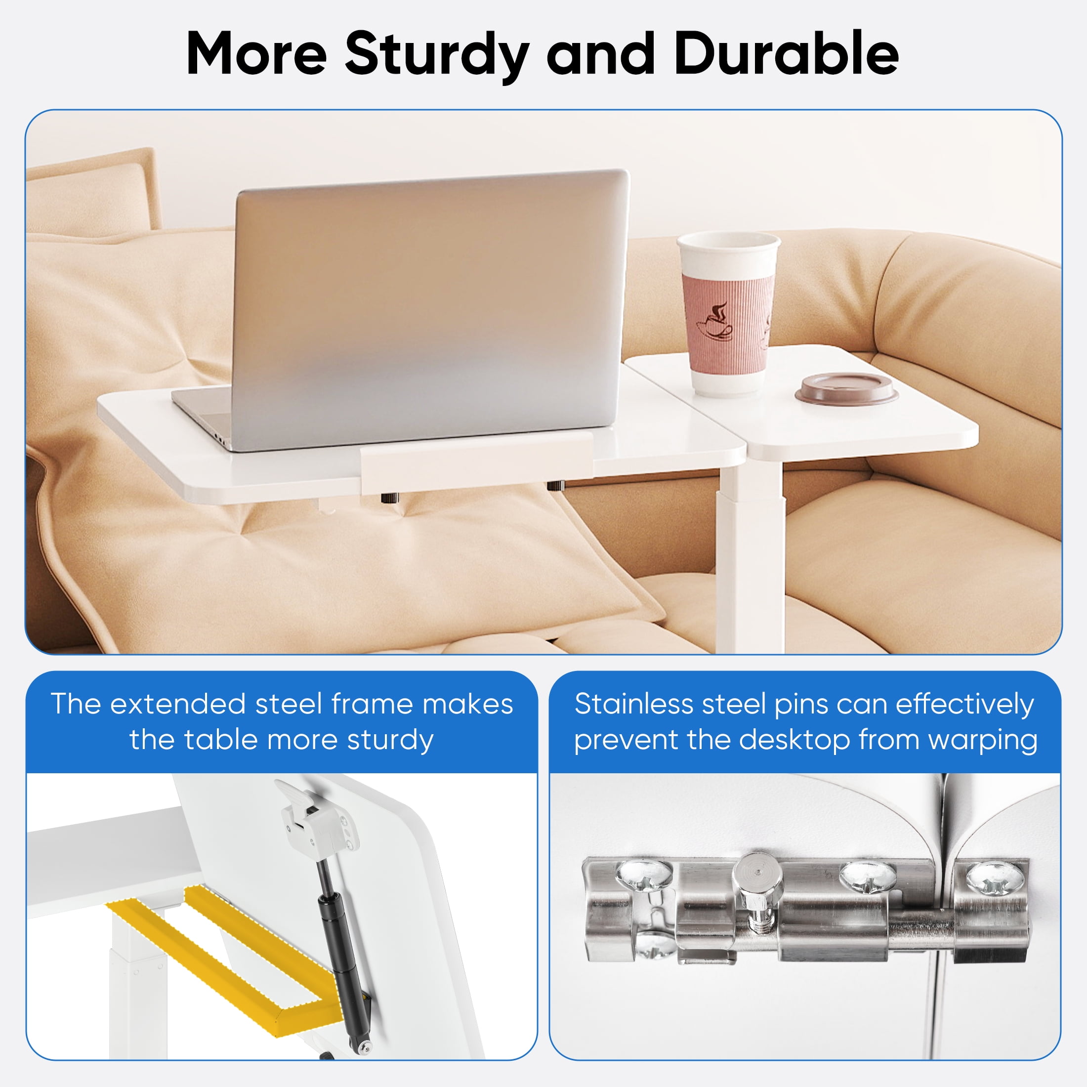 ZUNMOS Overbed Bedside Lap Desk with Wheels and Tilt Top, Mobile Standing Lap Desk Pneumatic Adjustable Height for Home Office Bedroom Sofa, White