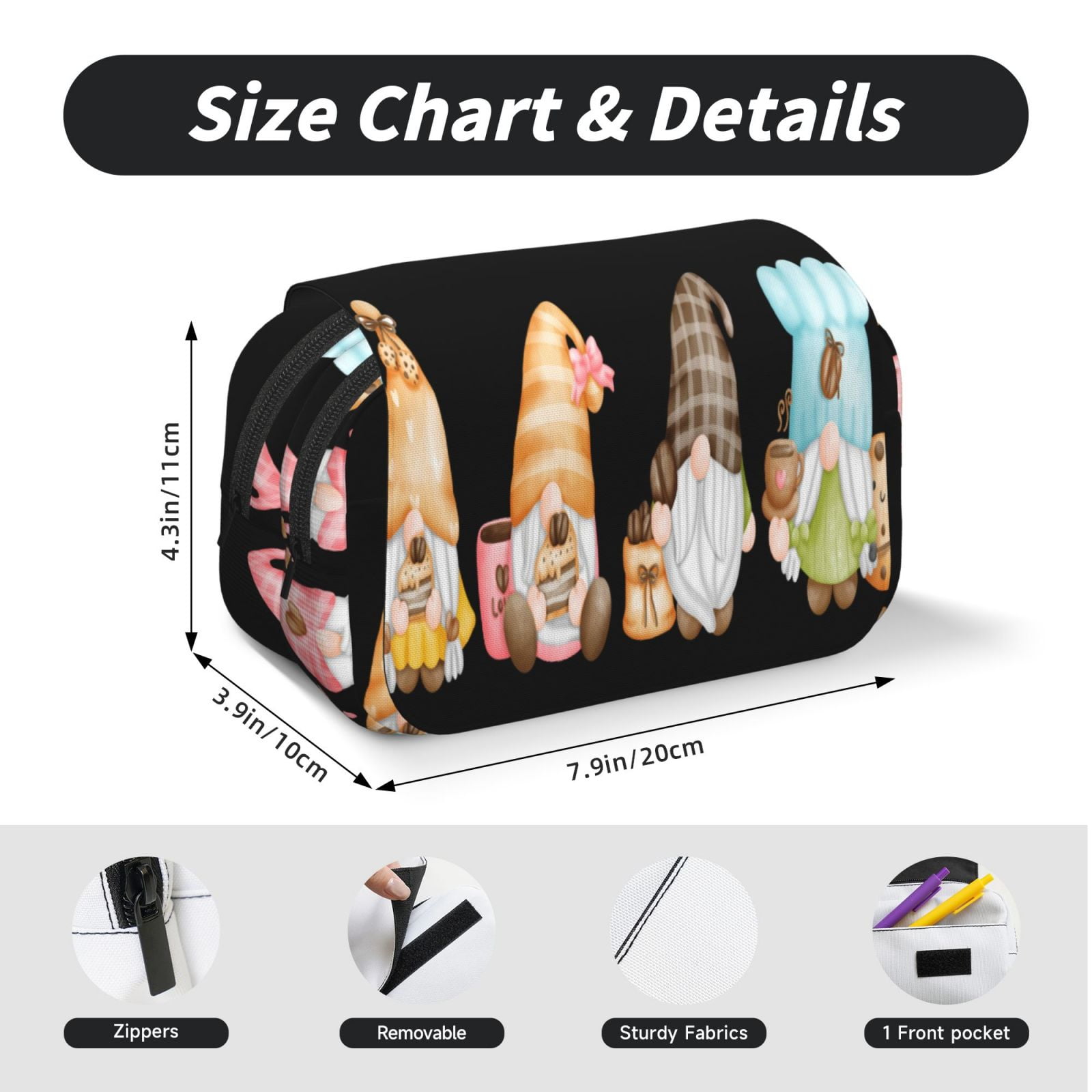 Rateoe Coffee Gnome (2) Pattern Double Clamshell Pen Case, Storage Organizer with Two Zipper Compartments– Holds Up to 50 Pencils & Pens