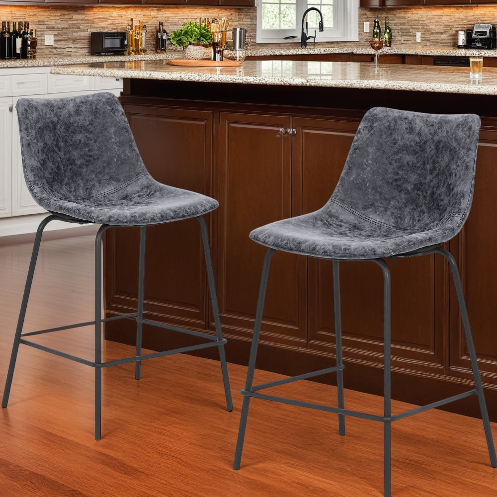 Abble 24 inch Bar Stools Set of 2, Faux Leather Bar Chair Upholstered Low Back Kitchen Counter Height Stools with Sled Base, Floor-Scratch Protection, Charcoal Gray
