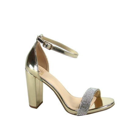 

Laser Women s Rhinestone Open Toe Ankle Strap Buckle Chunky High Heels Sandals Shoes ( Gold Rhinestone 8.5)
