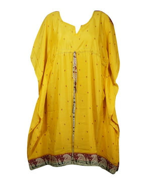 Mogul Women Yellow Caftan Tunic Dress Silk Sari Resort Wear Beach Cover Up Kaftan One Size