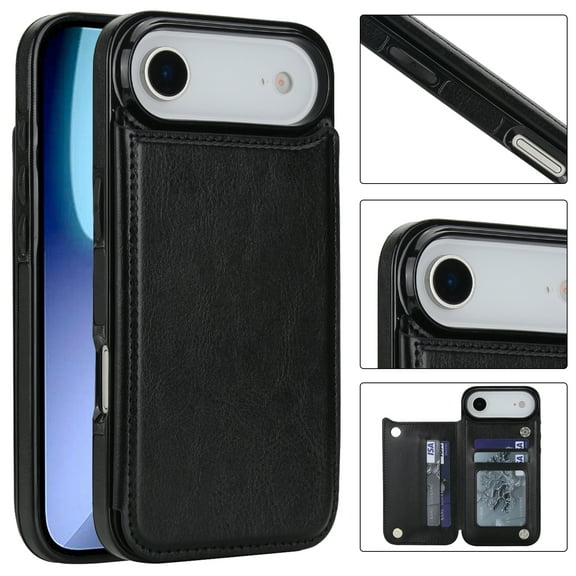 Compatible with iPhone 17 Air Case, with PU Leather Credit Card Holder Magnetic Back Stand Cell Accessories Flip Purse Slim Design Phone Cover for iPhone 17 Air Women Men, Black