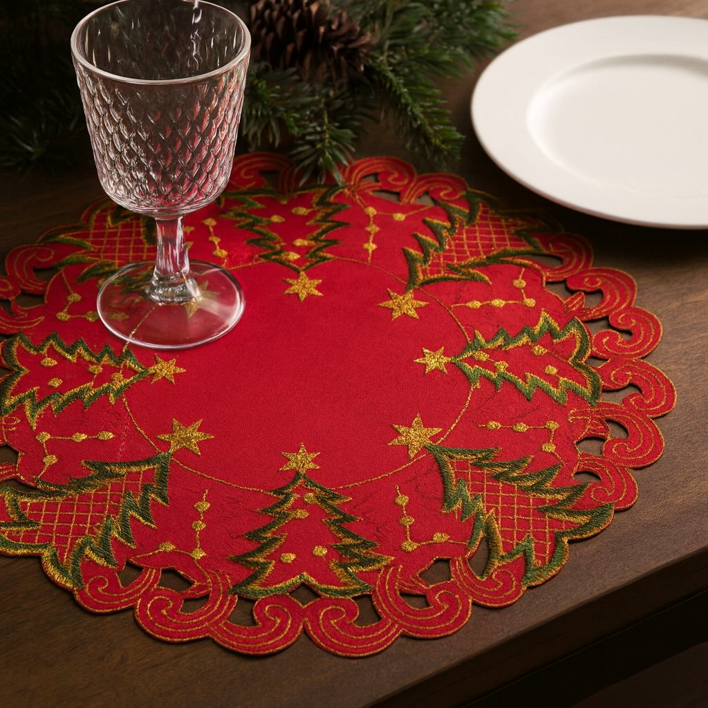 Fennco Styles Pandora Collection Holiday Christmas Tree 14 Inch Round Placemats, Set of 4