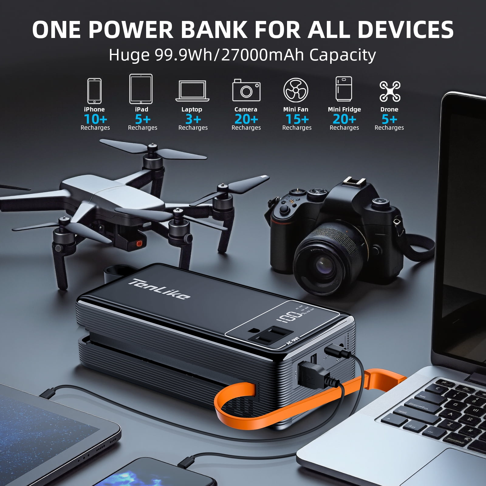 Froura 27000mAh Portable Power Station, Power Bank with AC Outlet, 60W USB-C for Laptop, Outdoor Camping Hiking, Black