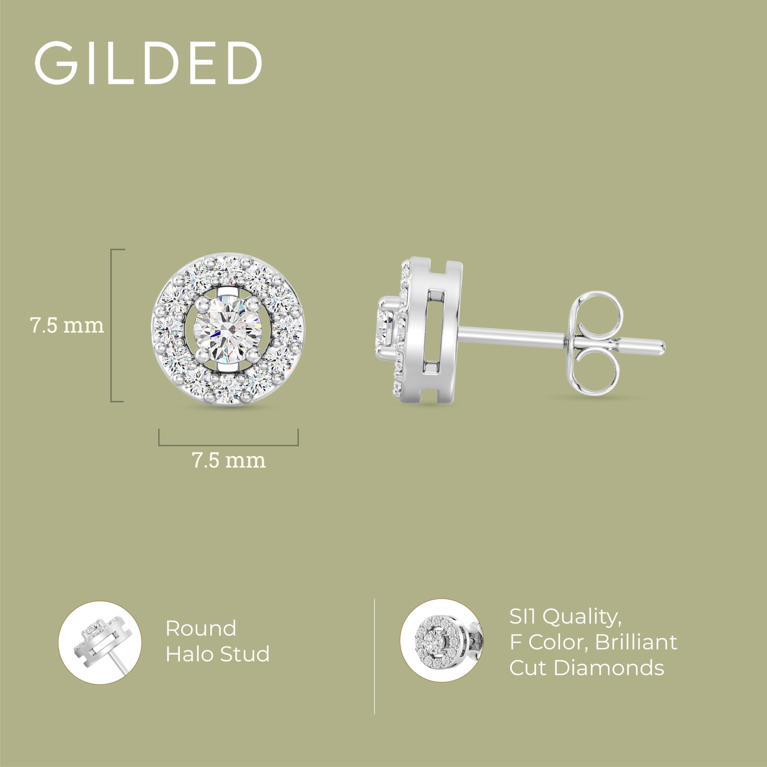 Gilded 1/2 Carat Total Weight Lab-Grown Diamond Stud Earrings for Women | 925 Sterling Silver | Round Halo Shaped | Hypoallergenic Fine Jewelry | Prong Setting, Push Back Nut | SI1 Clarity, F Color