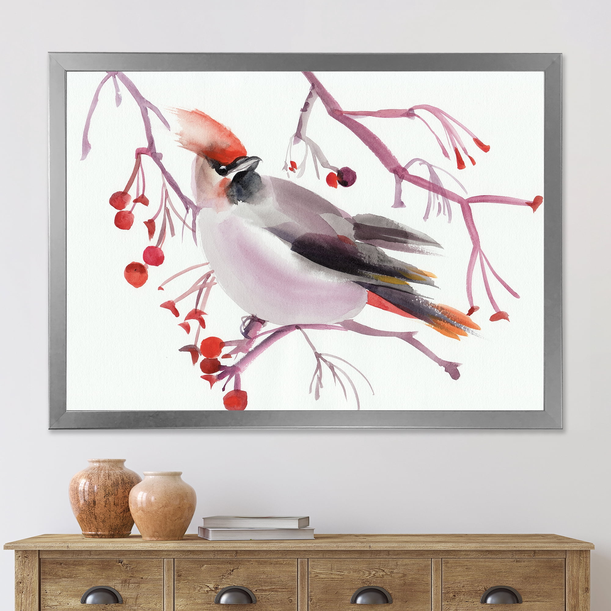 Designart 'Waxwing Bird Sitting On A Branch' Traditional Framed Art Print