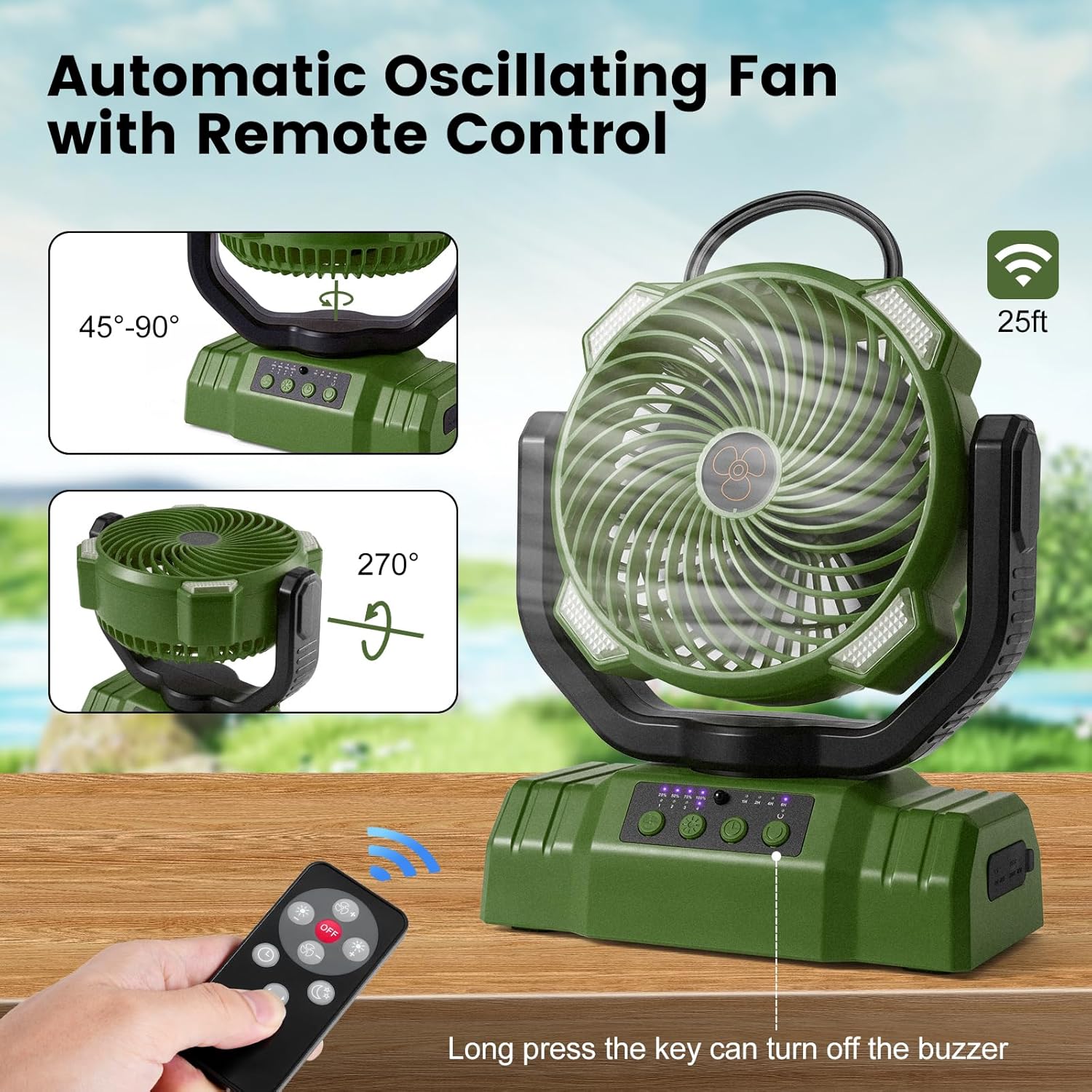 30000mAh Camping Fan with LED Lantern, Rechargeable Battery Operated Oscillating Fan with Remote & Hook, Portable Tent Fan with Timer, 4 Speeds for Outdoor Camp RV Jobsite Power Outage, Green